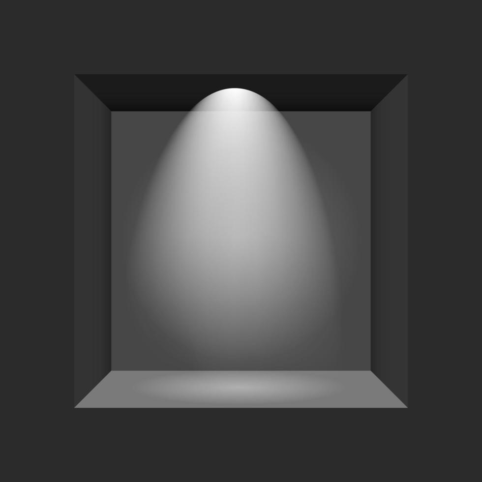 concepto de exposición, caja vacía negra, marco con iluminación. vector