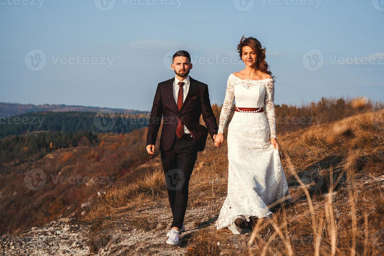 pareja casada, tomados de la mano, en, un, montaña foto