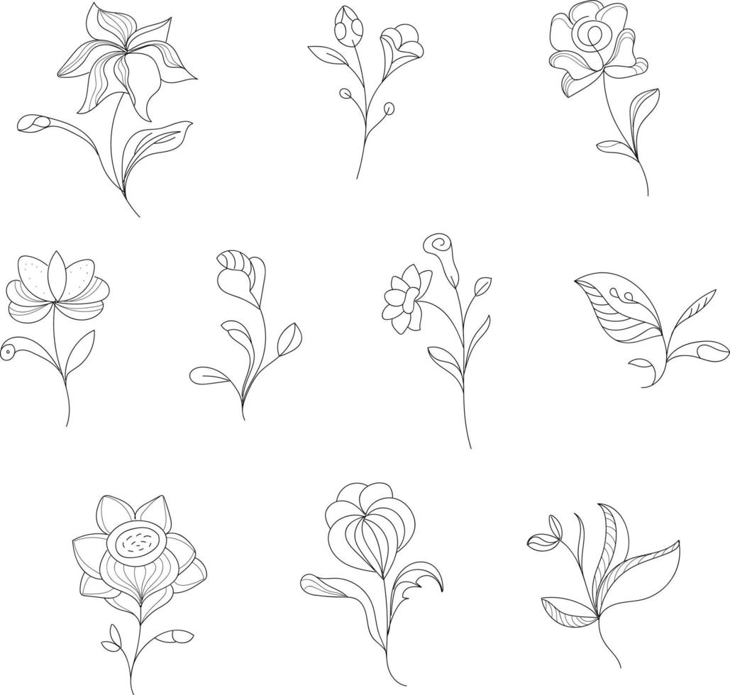 Hand drawn flower line art set free vector