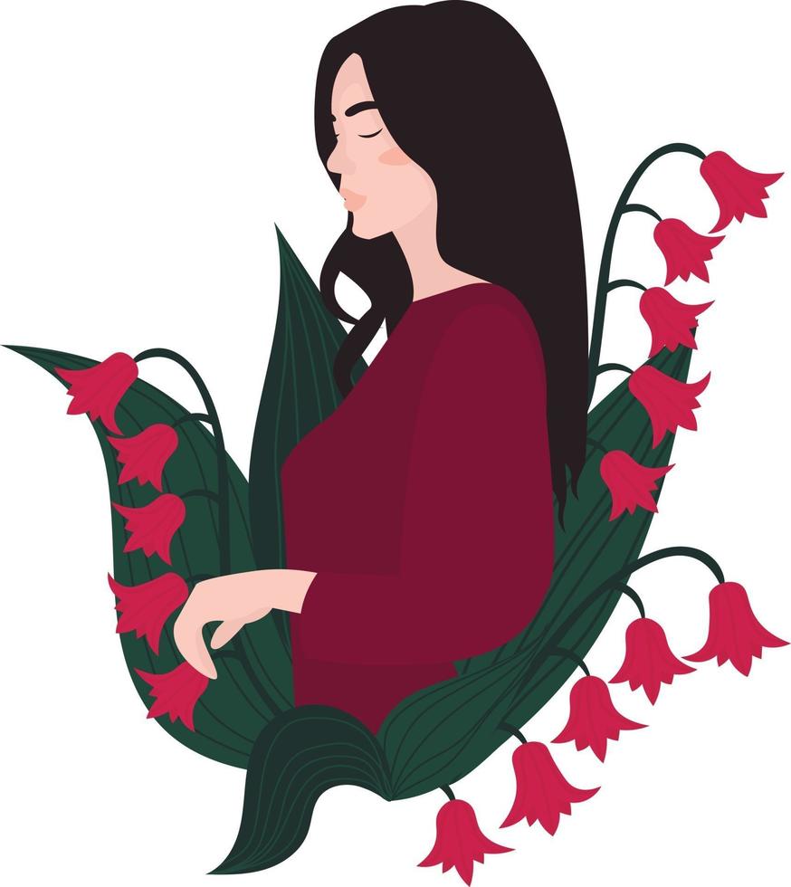 Young brunette girl in profile with spring lilies of the valley. vector