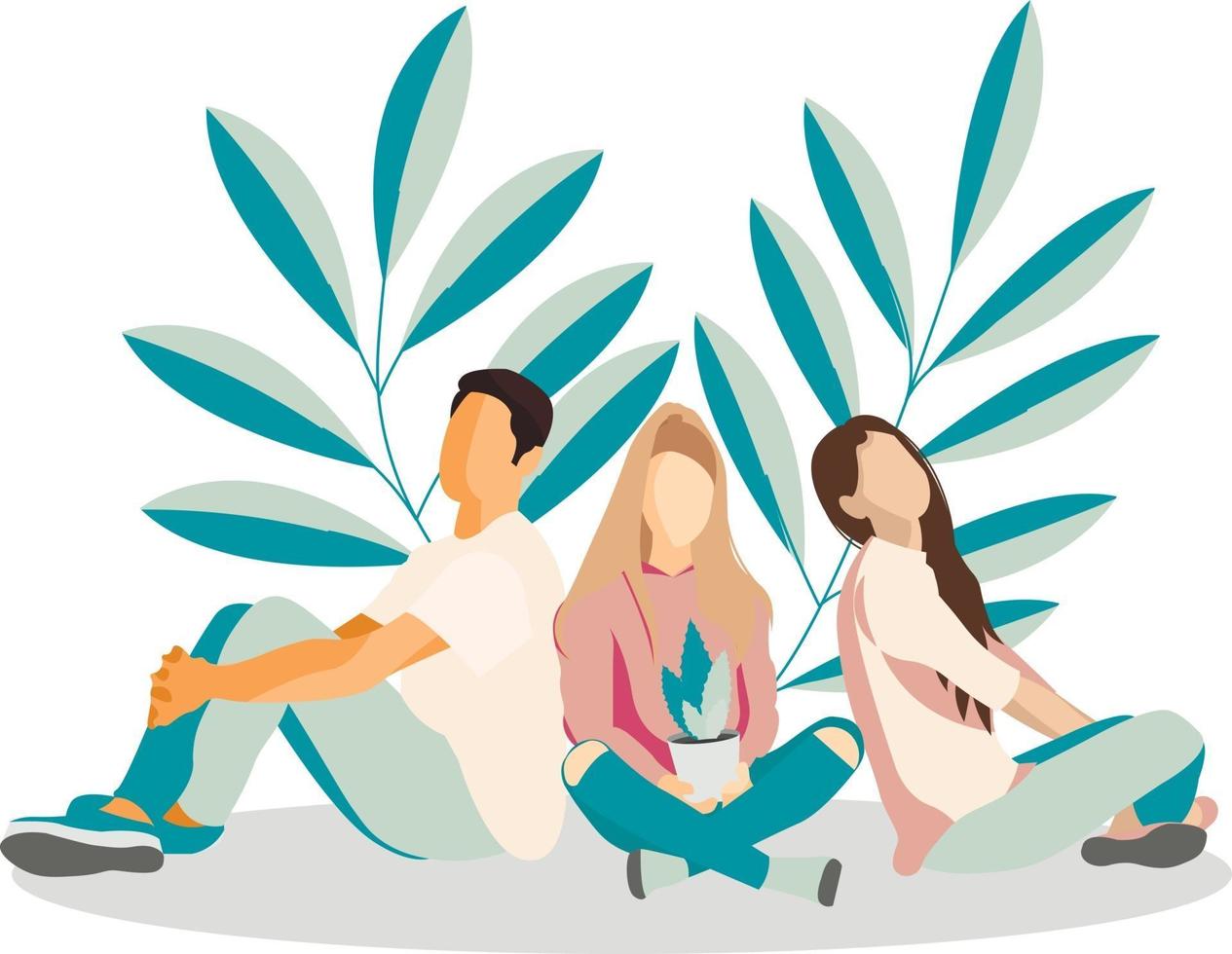 Young people sit relaxed. Girls and guy on a background with branches. vector