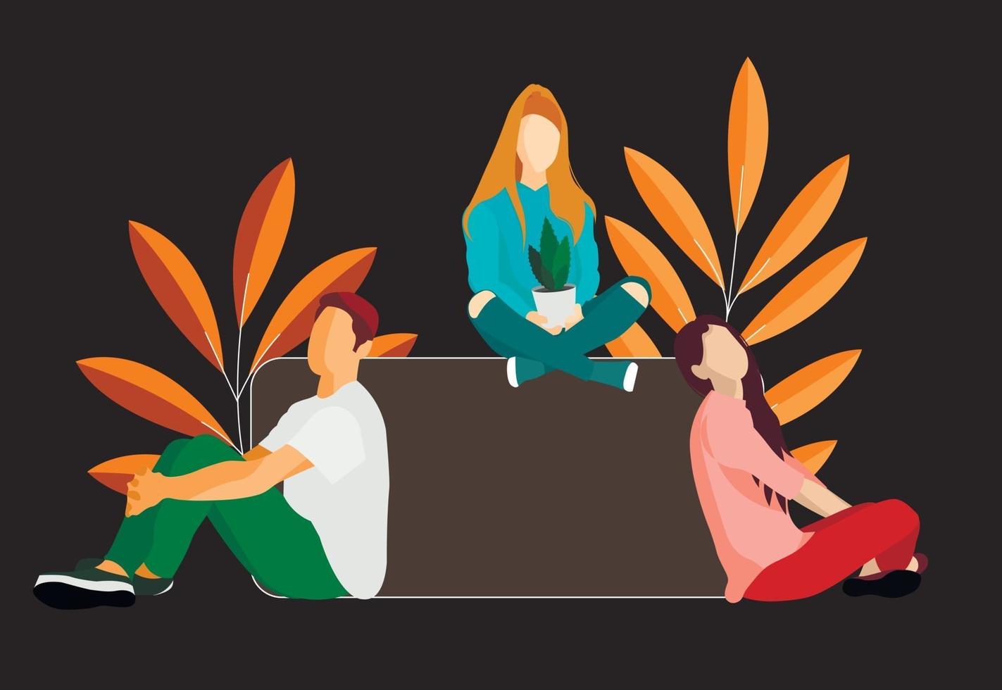 Two girls and a guy are sitting in relaxed poses on the background. vector