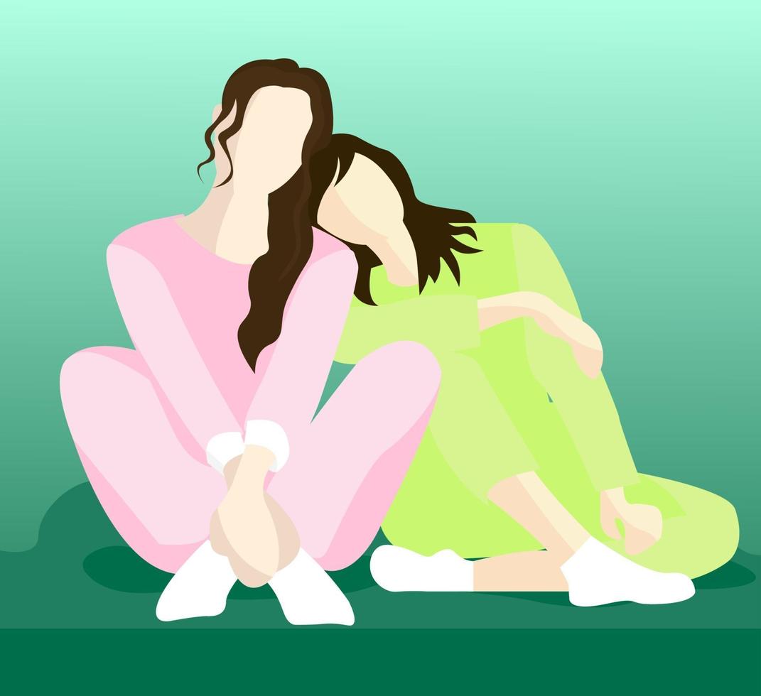 Two young girls are sitting on the sofa. vector