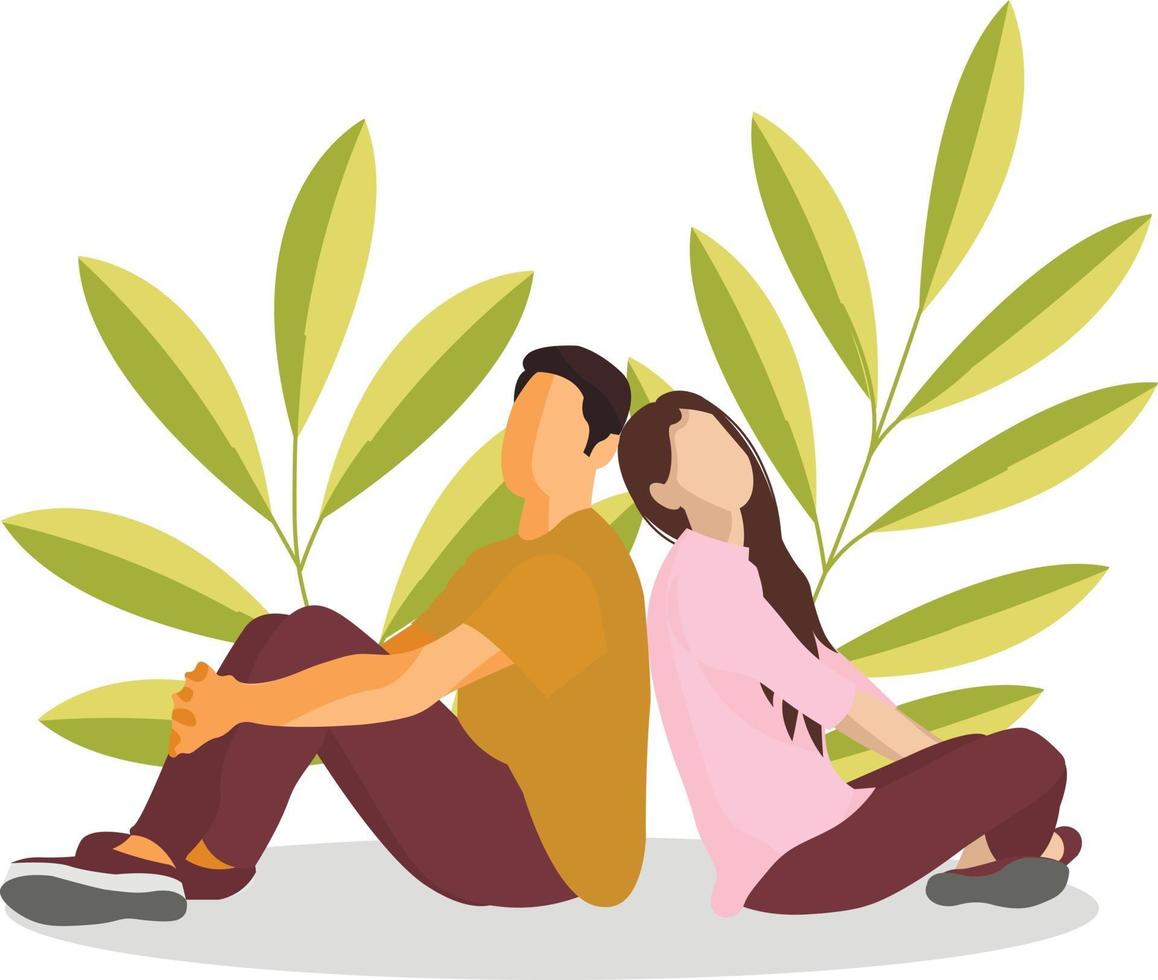 A girl and a guy are sitting. White background with branches. vector
