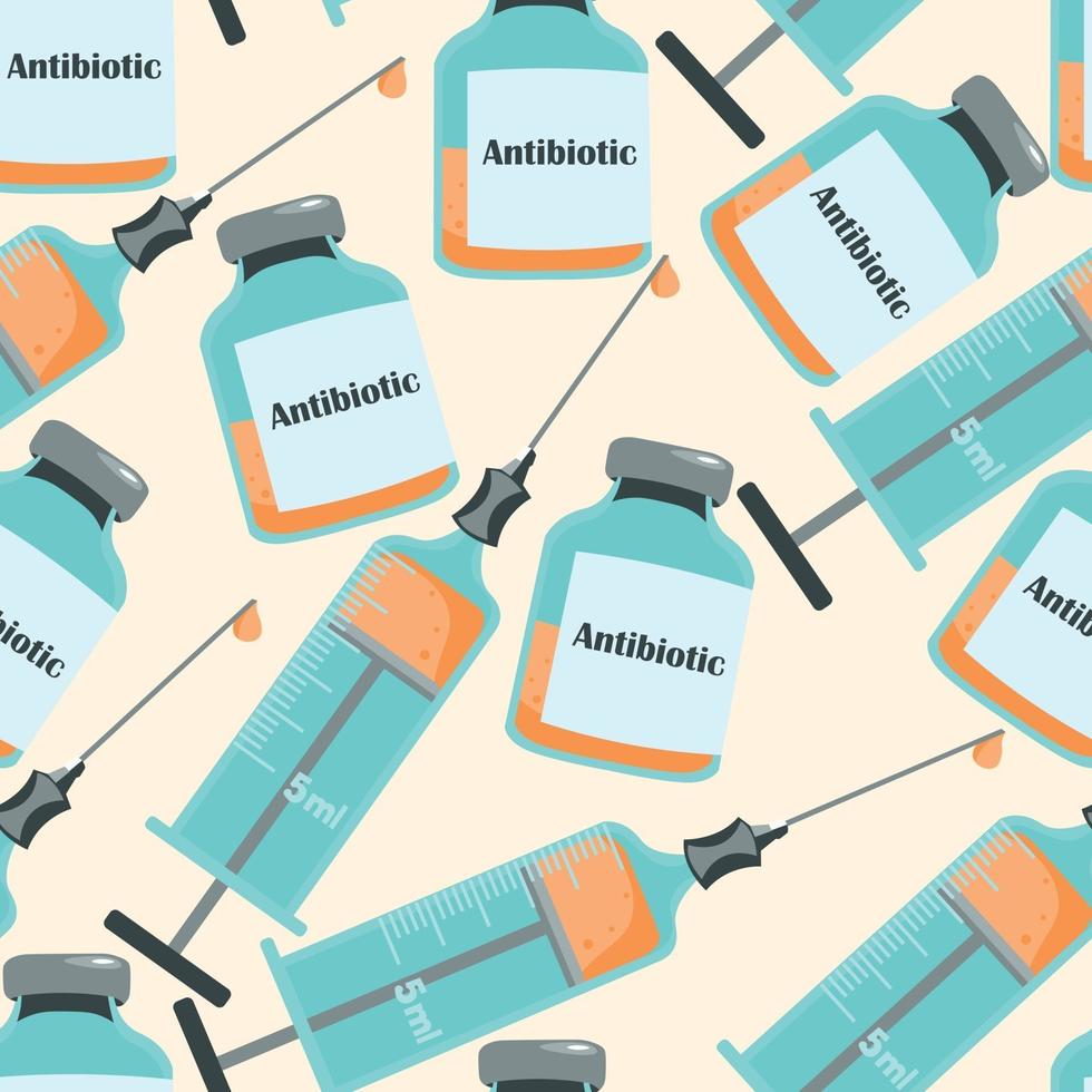 Medical seamless pattern with syringe and antibiotic bottle. vector