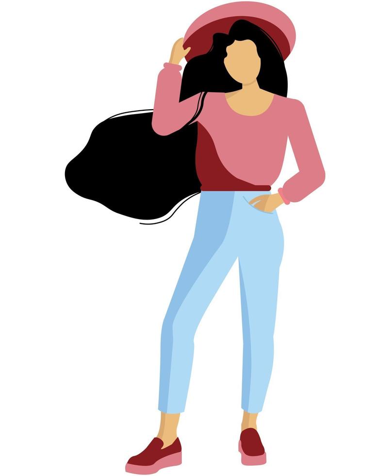 Stylish girl in a hat. Full length brunette in trendy colors. vector