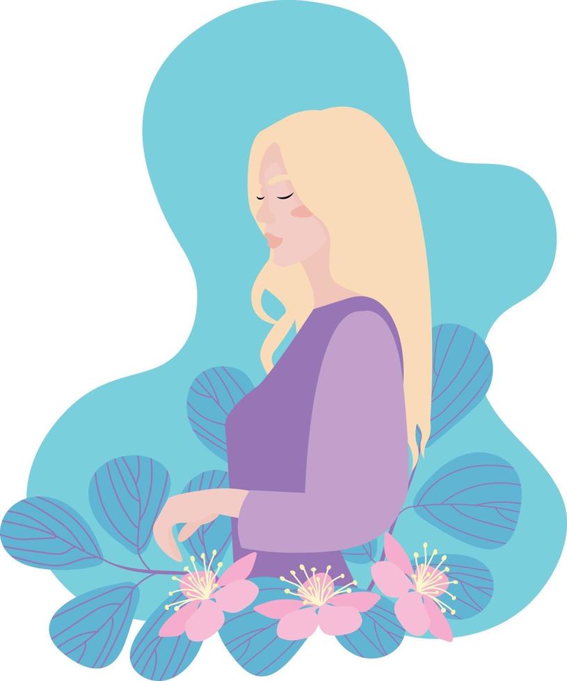 joven rubia de perfil sobre un fondo de flores de primavera. vector