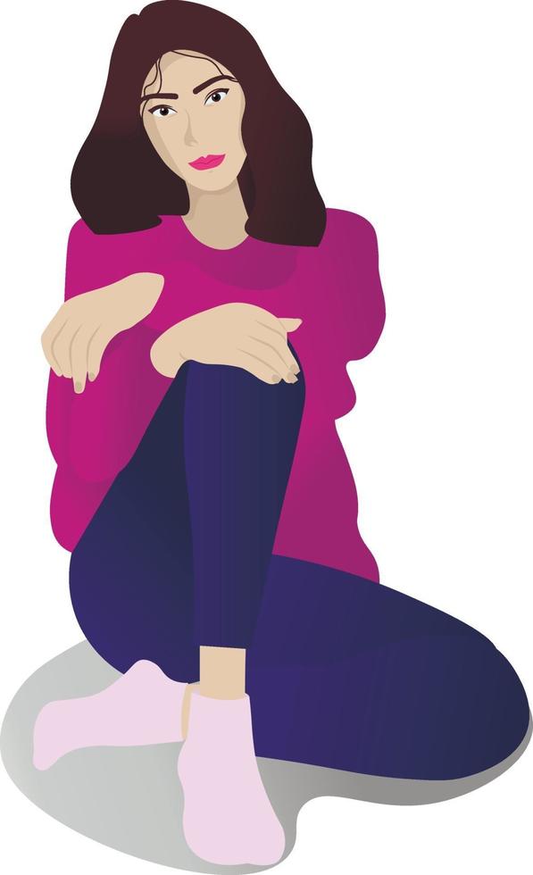 Isolated cute brown-haired woman is sitting on the floor. vector