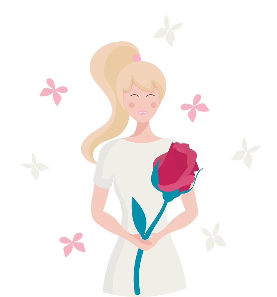 rubia de dibujos animados con una rosa sobre un fondo blanco con mariposas. vector