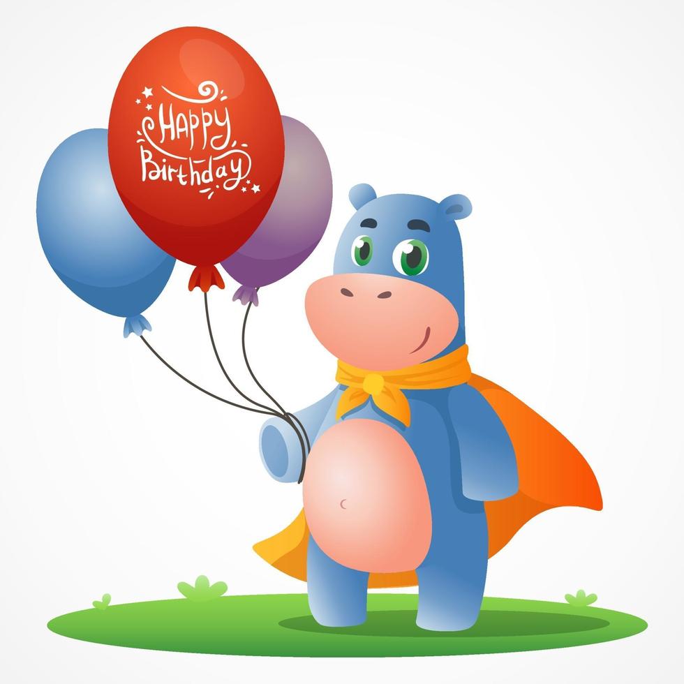 Cute cartoon poster with Hippo standing on grass and holding balloons vector