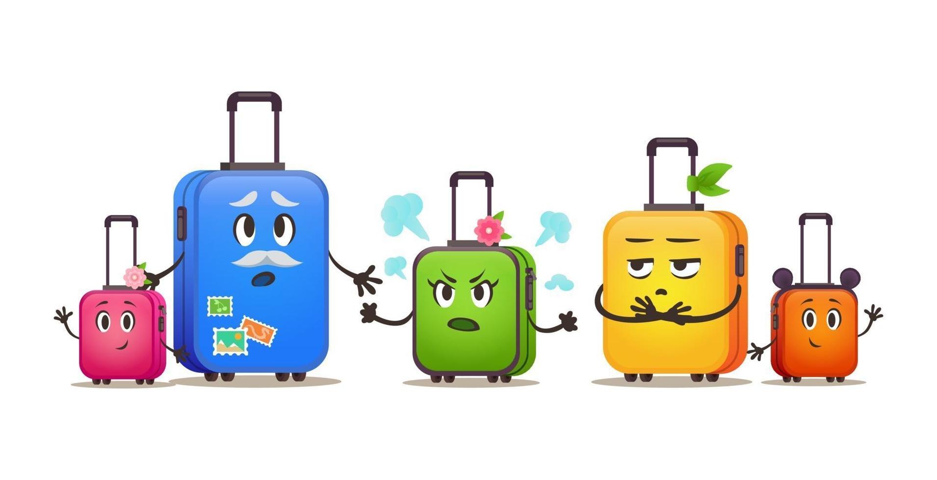 Funny travel bags family on vacation. Suitcases set in different size vector