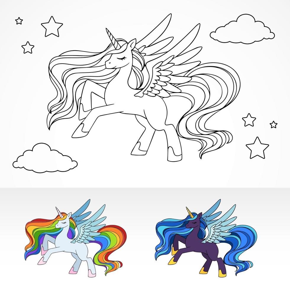 Magical colourbook pegasus unicorn flying on night sky vector