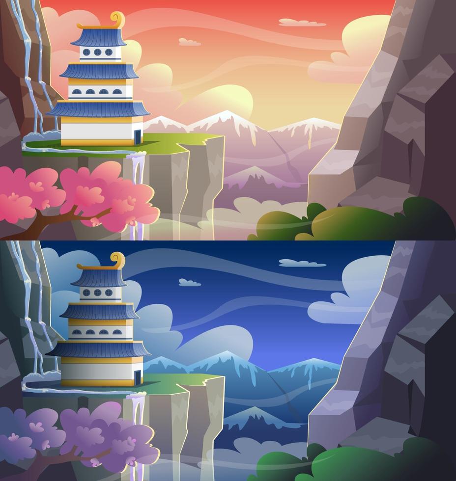 Cartoon Asian castle on mountains peak at evening and night time vector