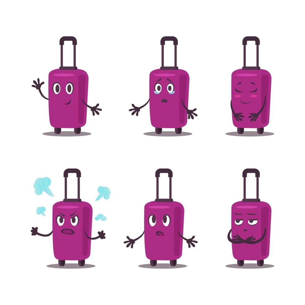 Flat vector violet suitcase pack. Travel bag on wheells emotions set.