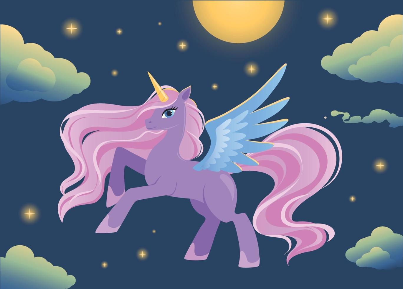 Magical cartoon unicorn pegasus on night sky vector