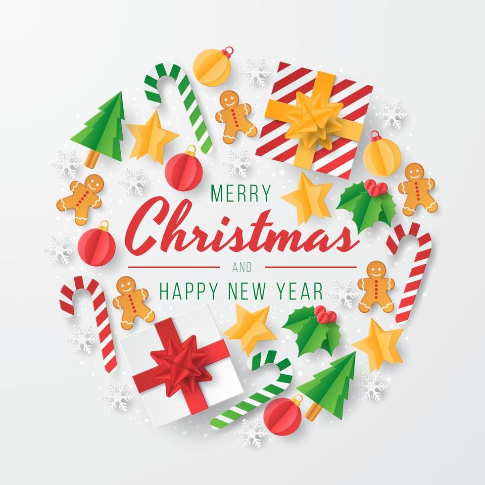 tarjeta de felicitación navideña con elemento navideño papercut. vector