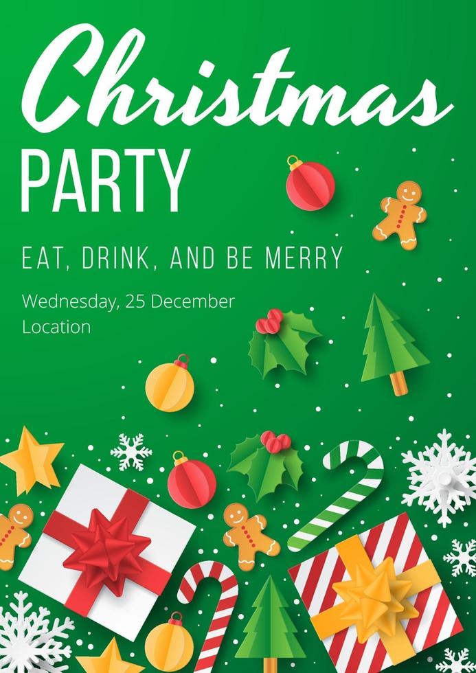 Christmas party poster with papercut christmas element. vector