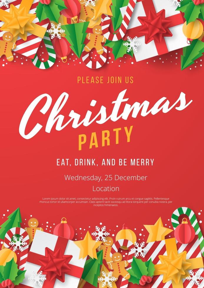 Christmas party poster with papercut christmas element. vector