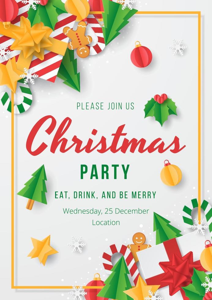 Christmas party poster with papercut christmas element. vector