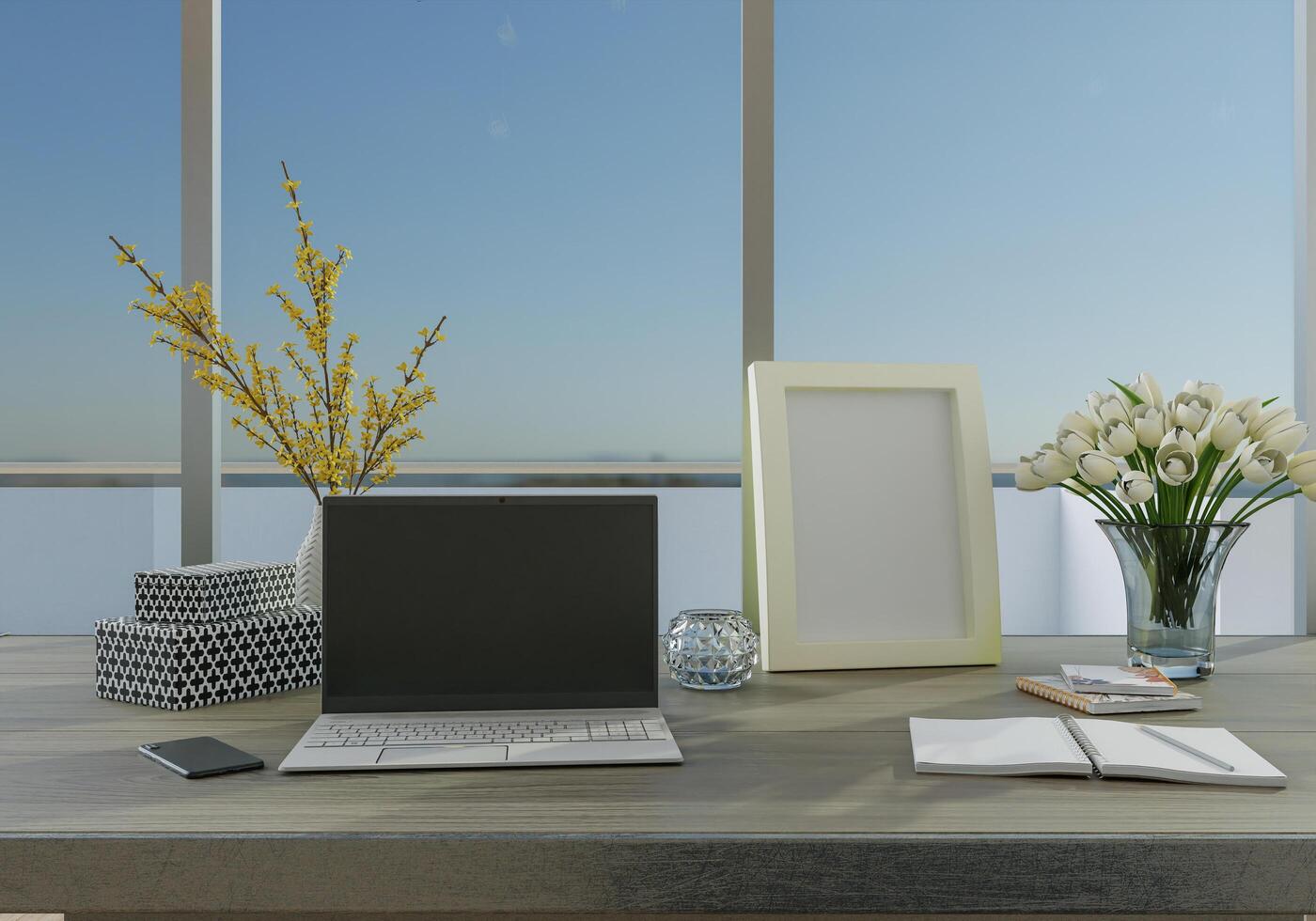 Office with furniture, work desk and laptop photo