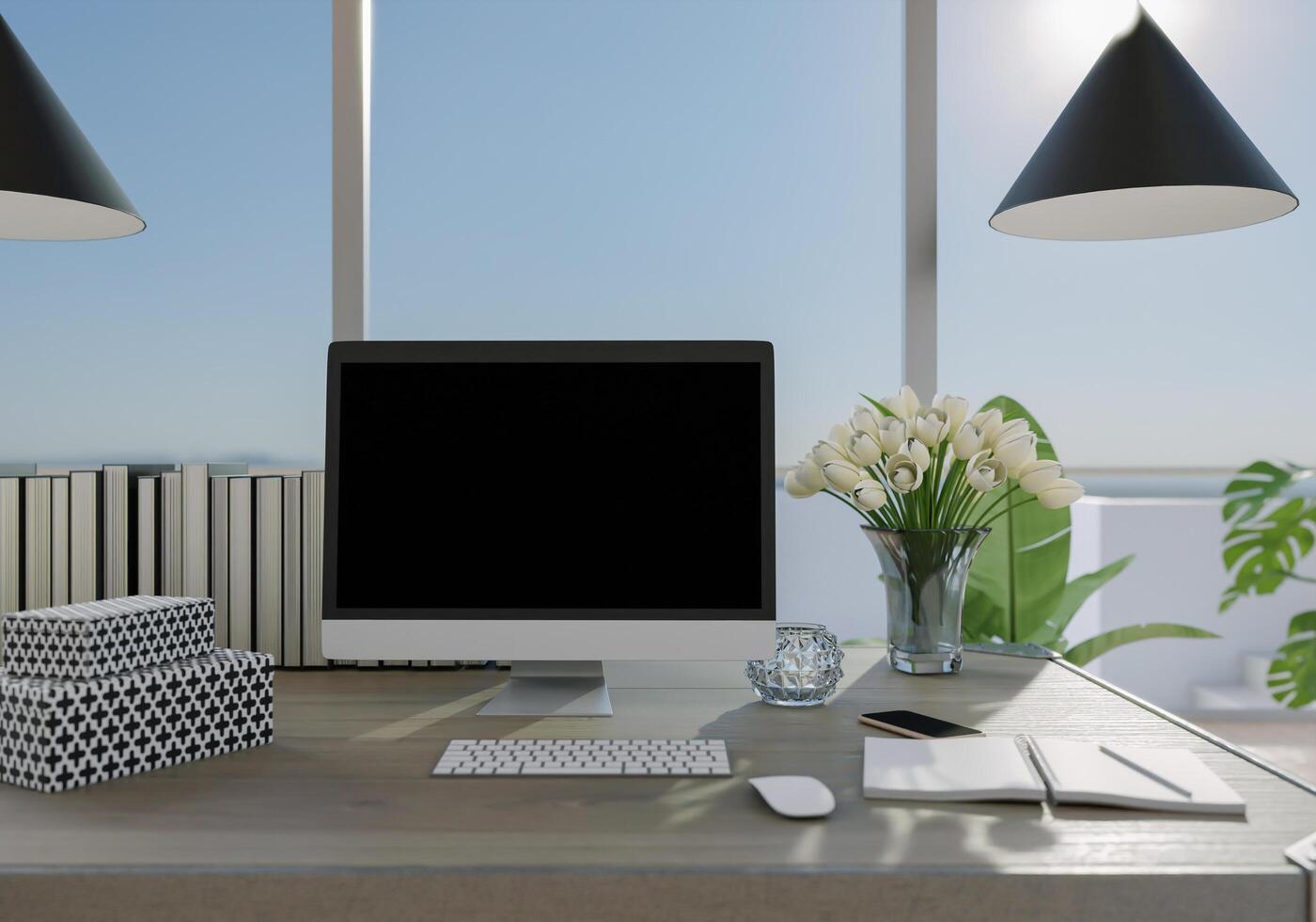 sala de oficina con muebles y computadora de escritorio foto