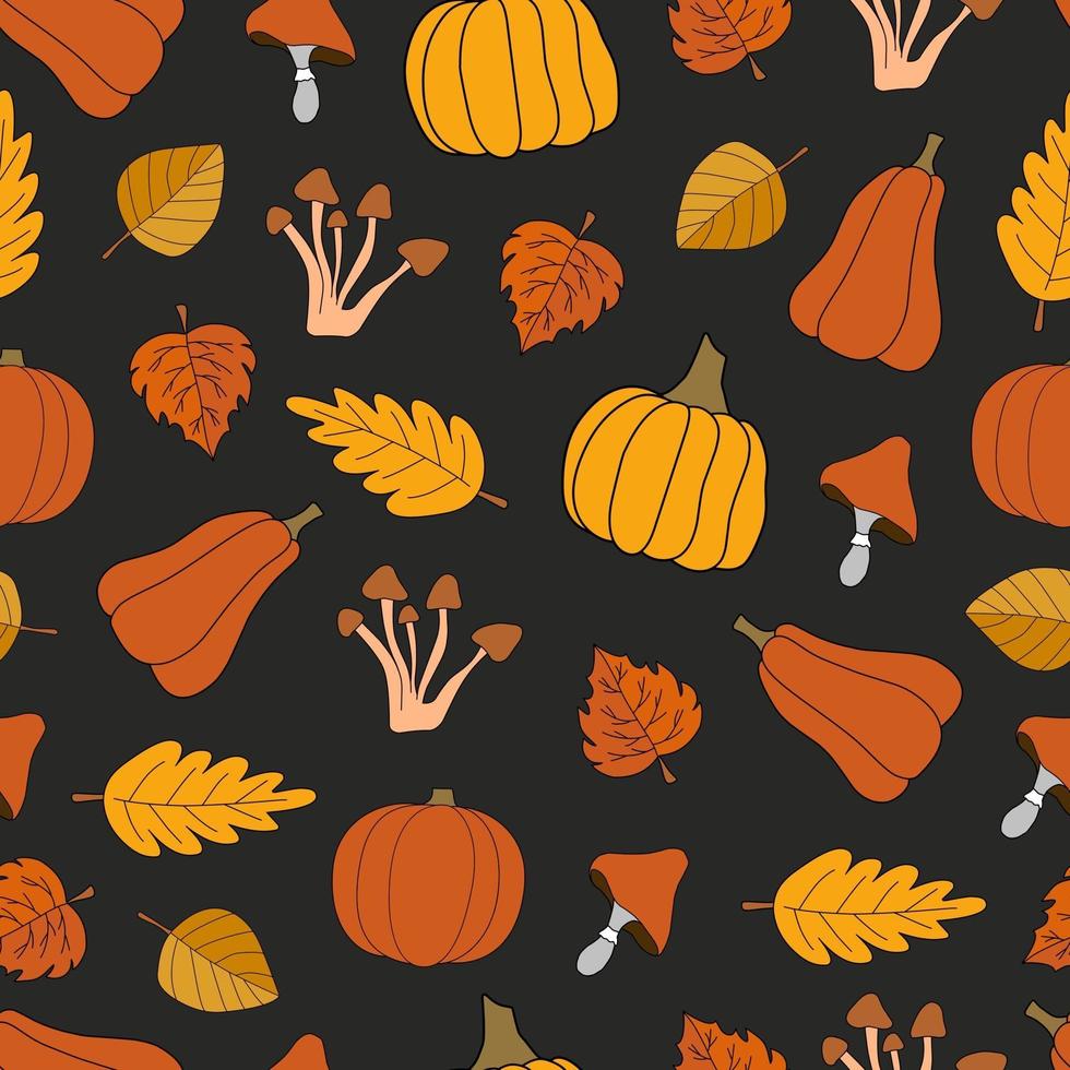 Autumn harvest vector seamless pattern on black background