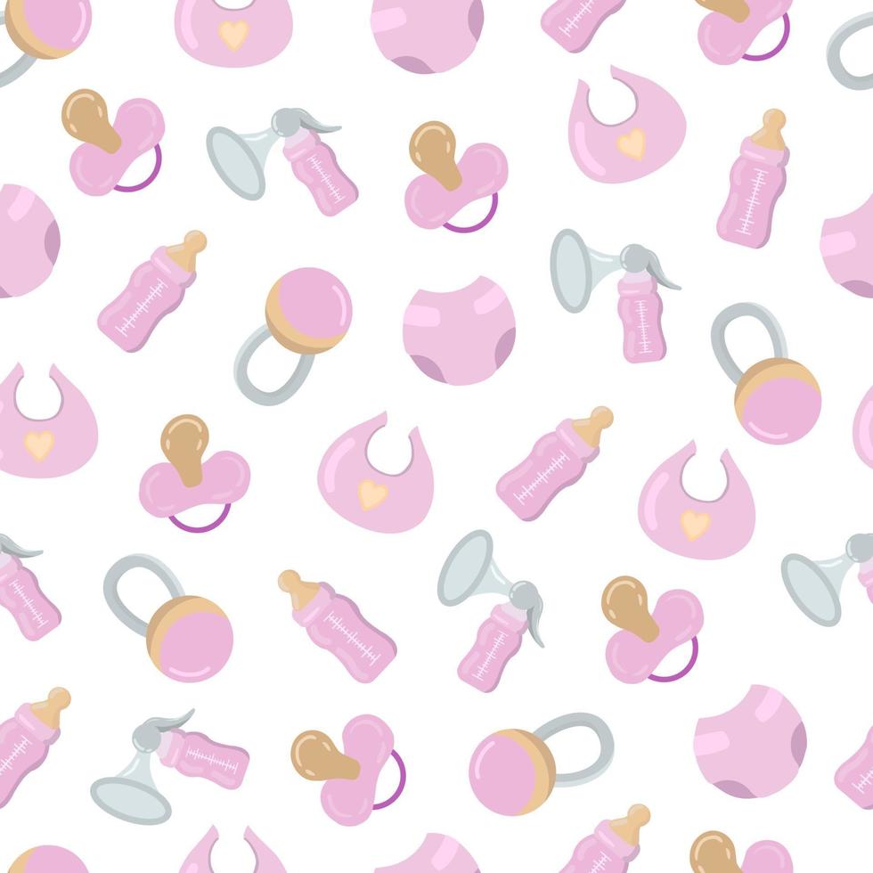 Vector seamless pattern with pink baby care objects