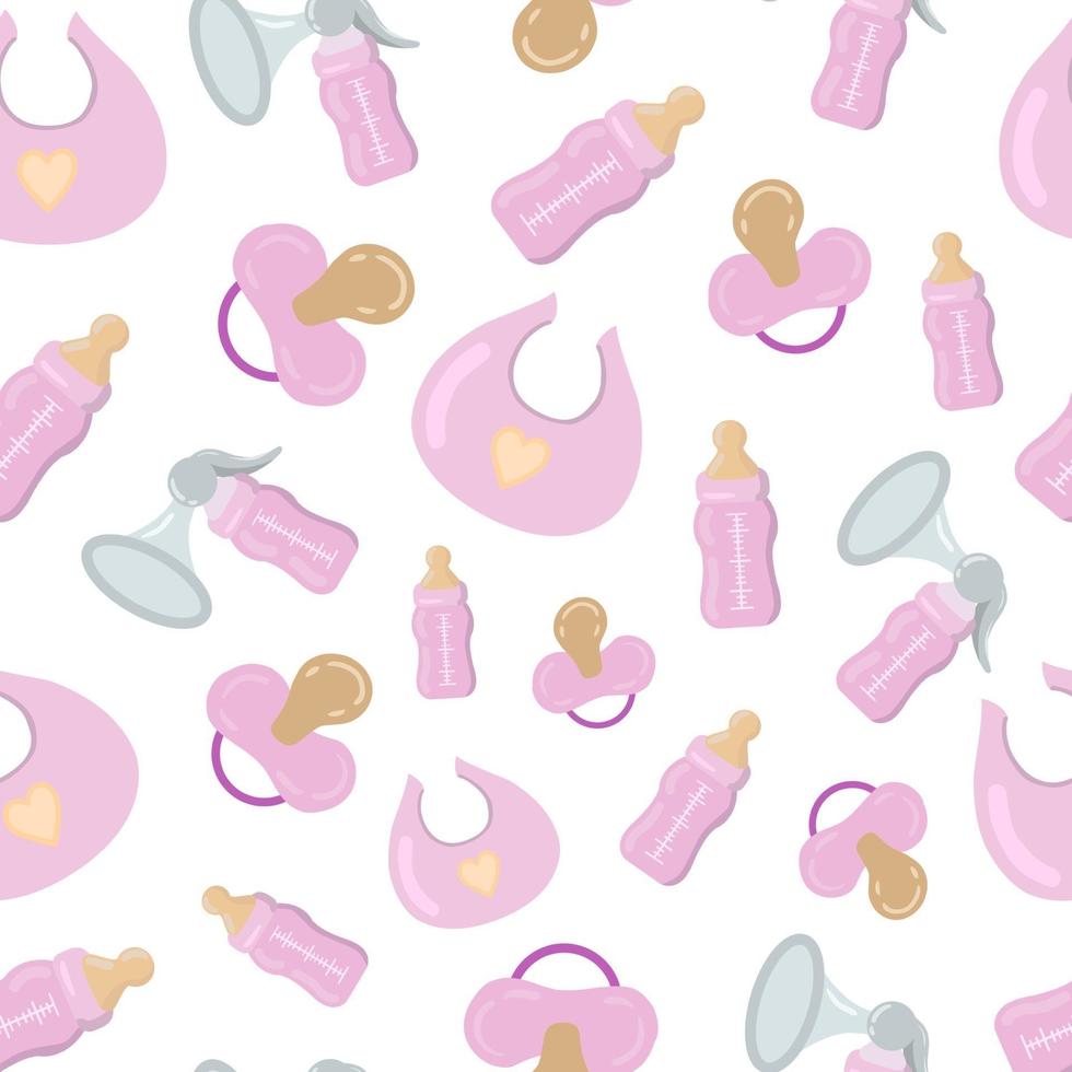 Vector seamless pattern with pink baby care objects