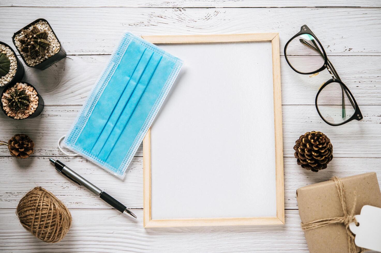 Mock up of flip chart on wooden table photo