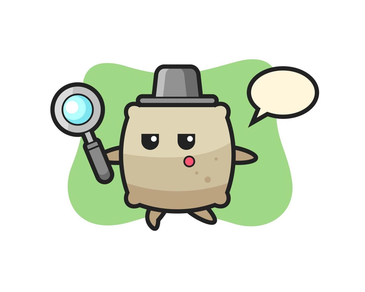 sack cartoon character searching with a magnifying glass vector