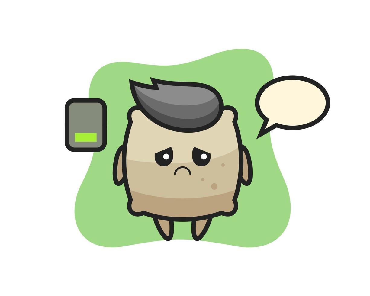 sack mascot character doing a tired gesture vector