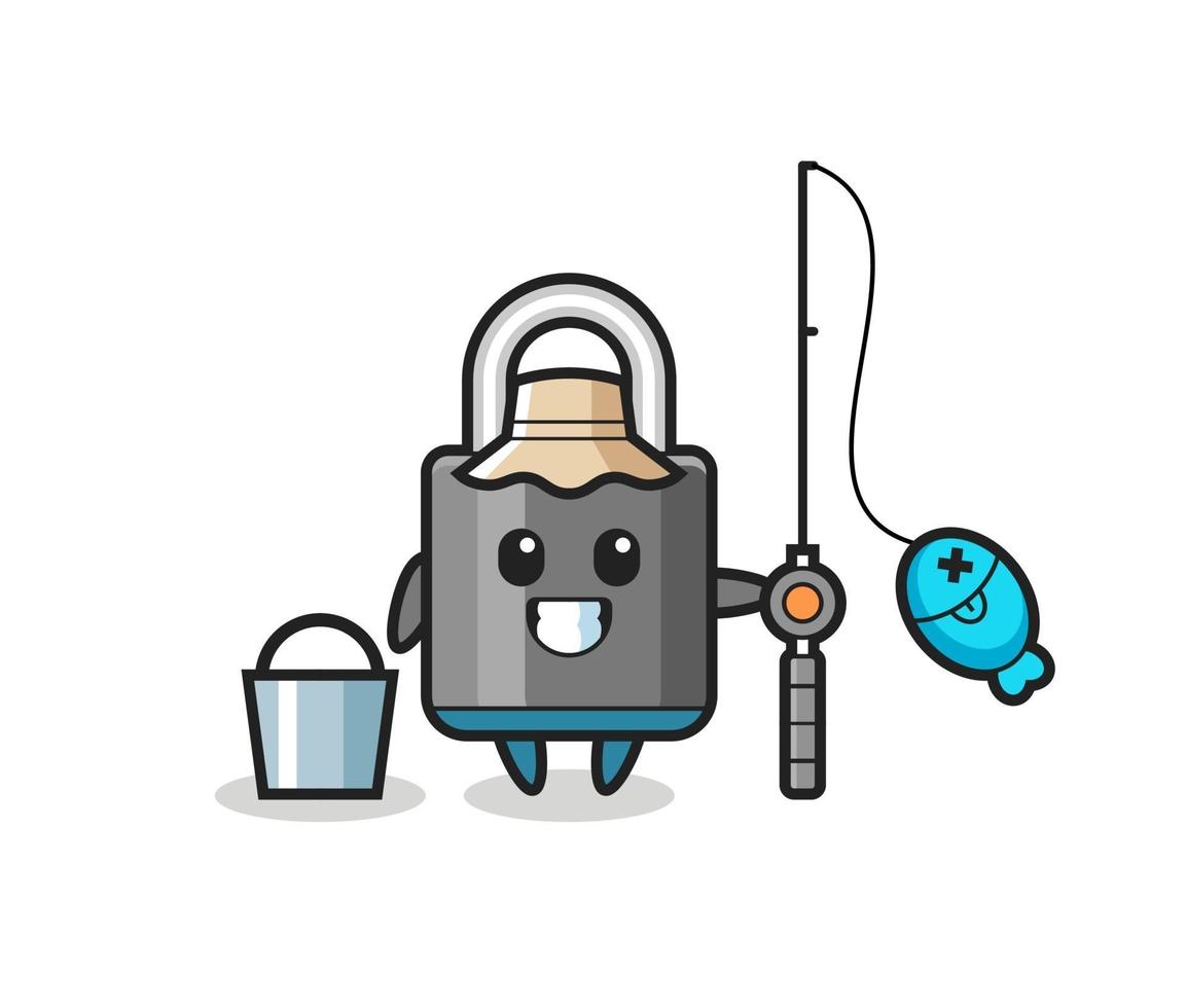 Mascot character of padlock as a fisherman vector
