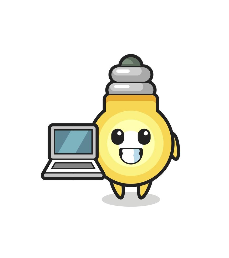 mascota, ilustración, de, bombilla, con, un, computadora portátil vector