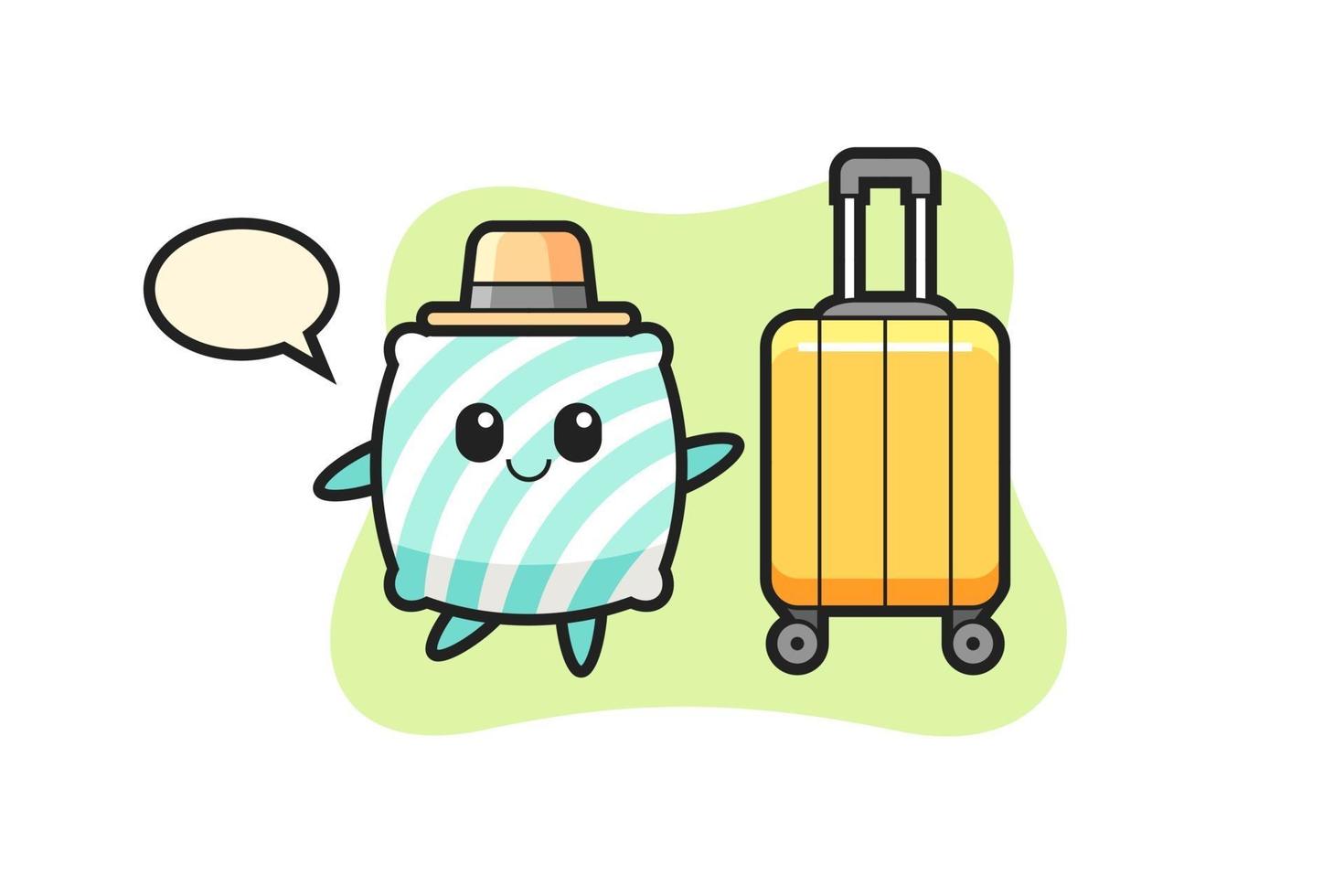 pillow cartoon illustration with luggage on vacation vector