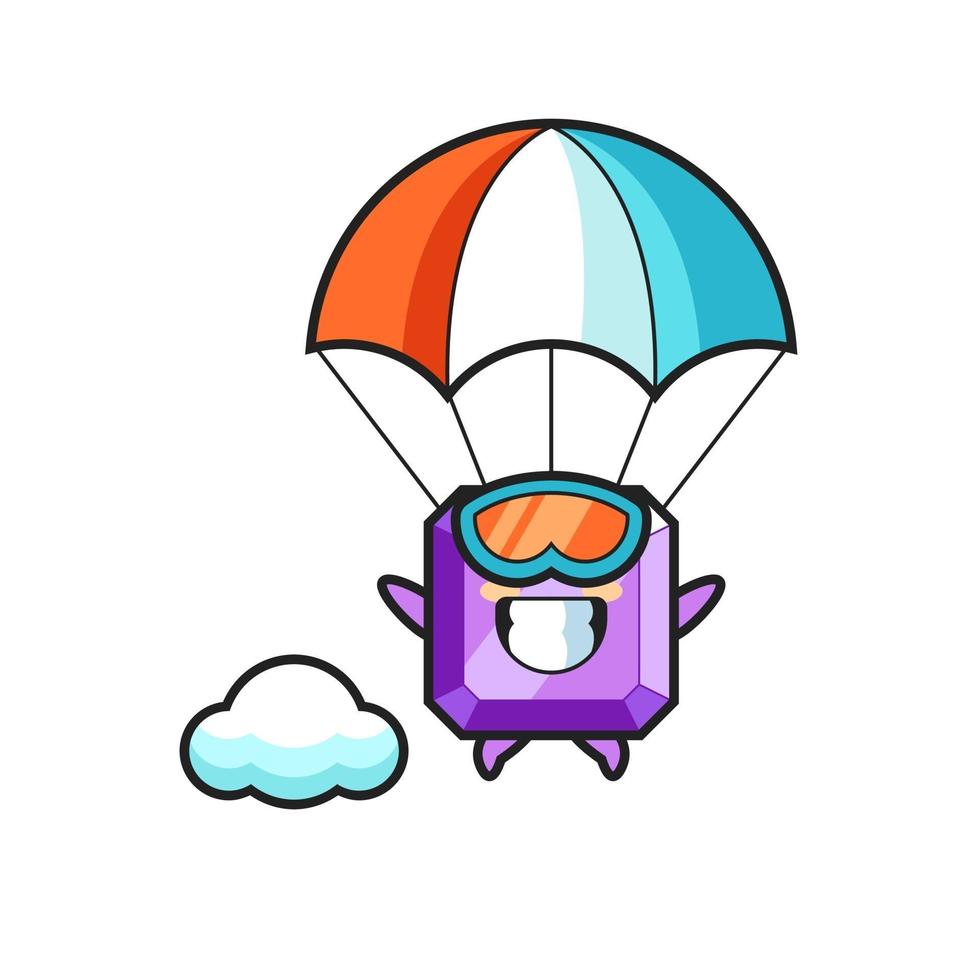 purple gemstone mascot cartoon is skydiving with happy gesture vector