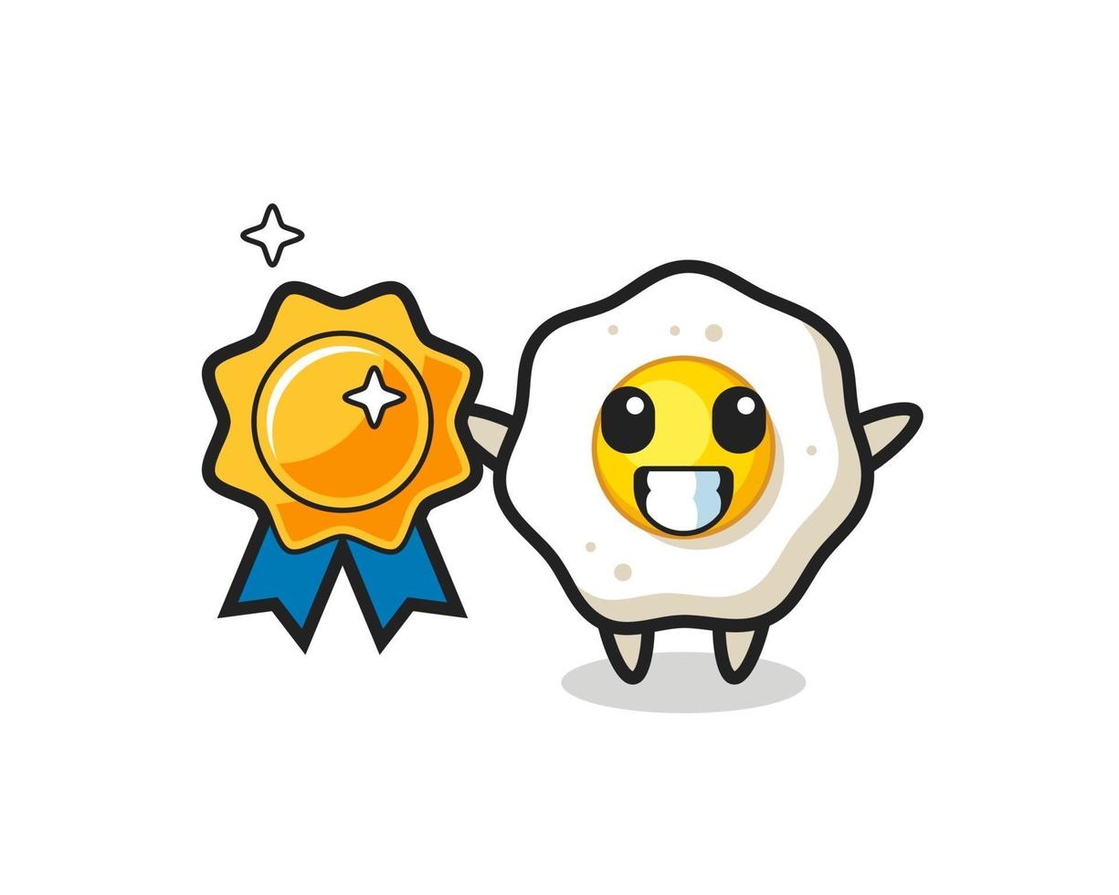 fried egg mascot illustration holding a golden badge vector