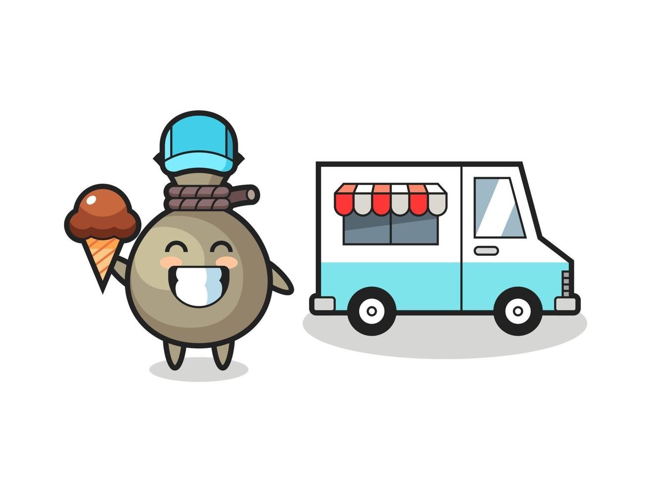 mascota, caricatura, de, dinero, saco, con, helado, camión vector