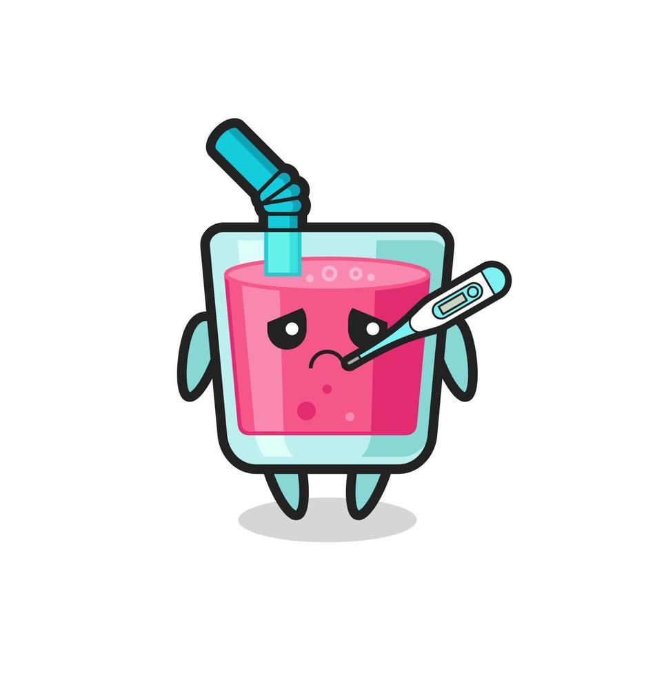 Personaje de mascota de jugo de fresa con condición de fiebre. vector