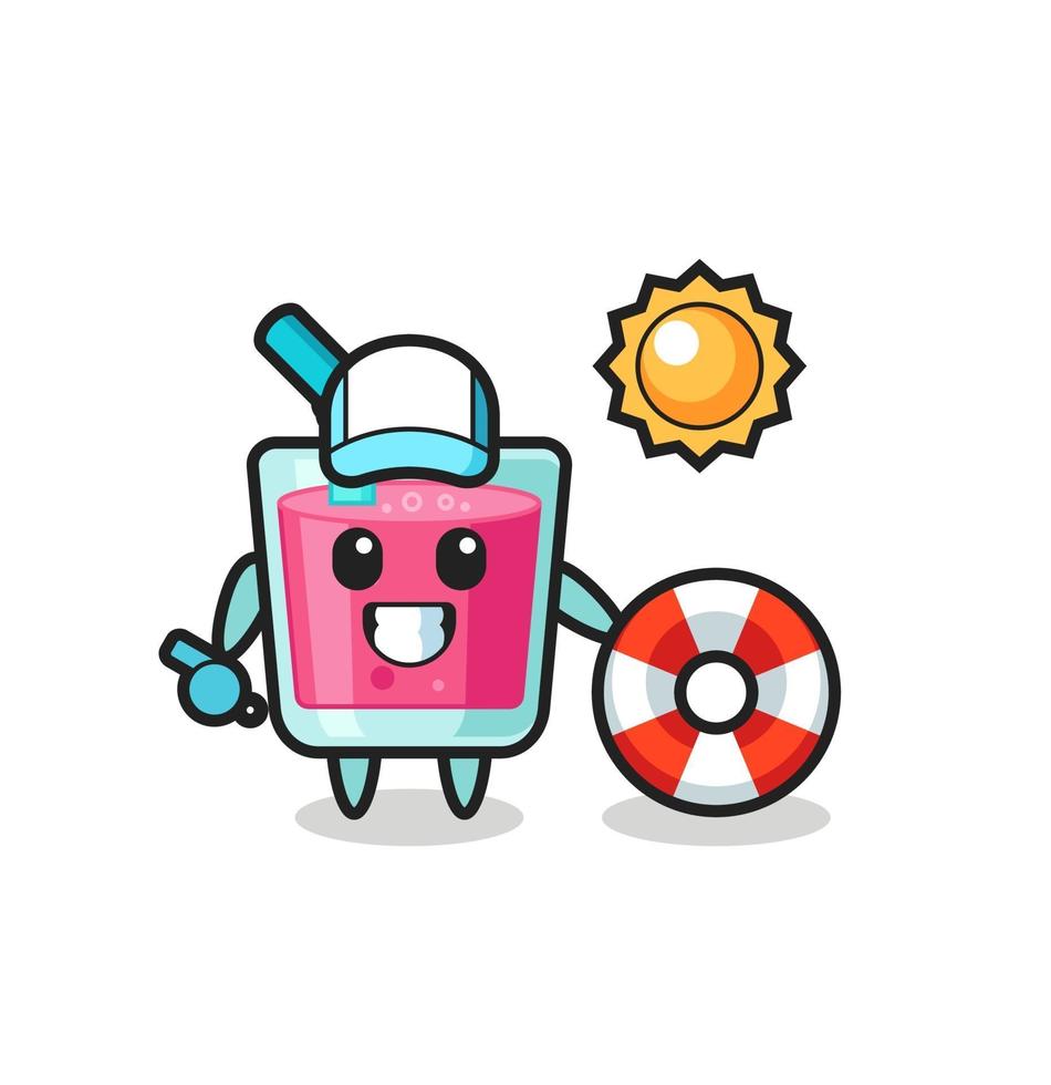 mascota de dibujos animados de jugo de fresa como guardia de playa vector