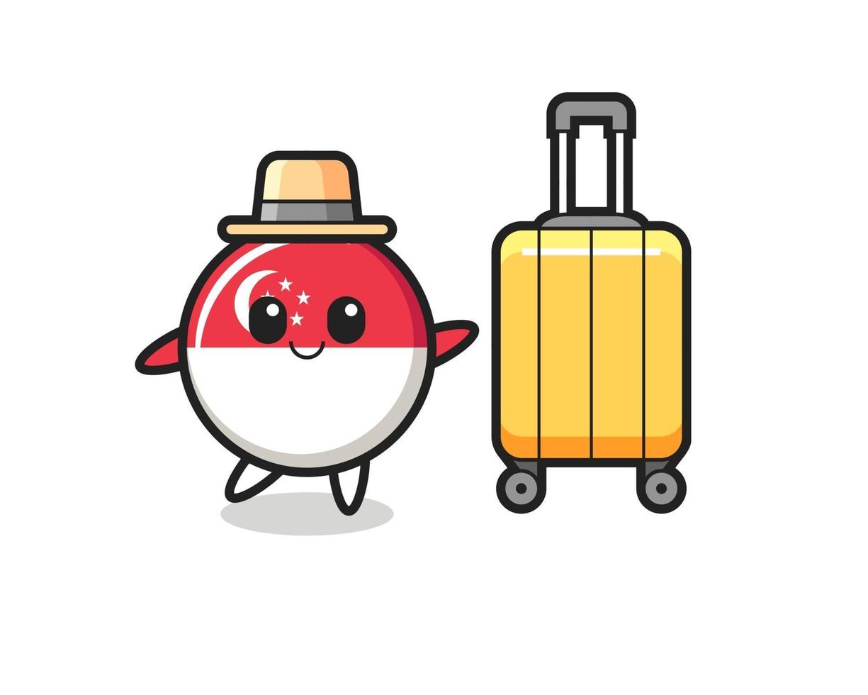 singapore flag badge cartoon illustration with luggage on vacation vector