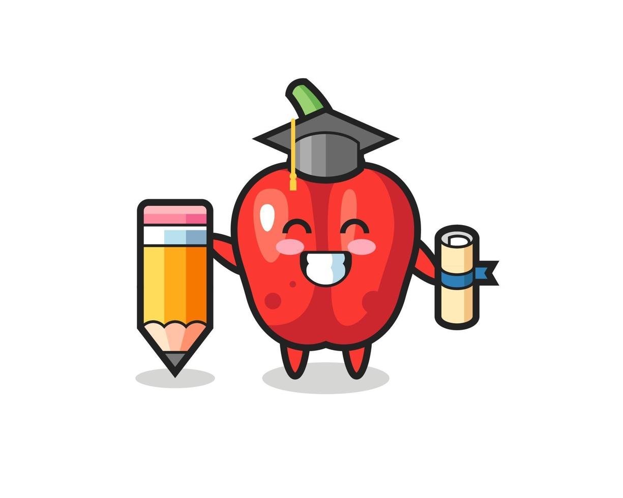 red bell pepper illustration cartoon is graduation with a giant pencil vector