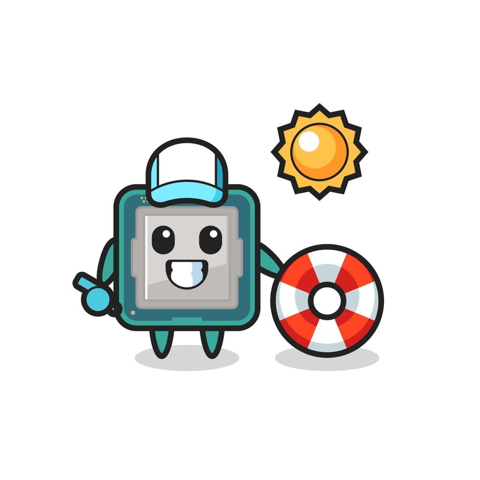 mascota de dibujos animados de procesador como guardia de playa vector