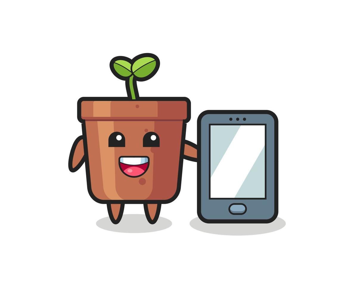 plant pot illustration cartoon holding a smartphone vector