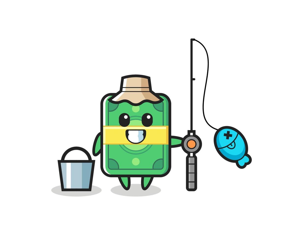 Mascot character of money as a fisherman vector