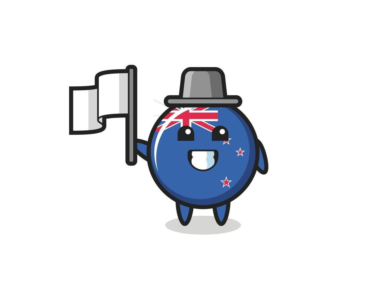 Cartoon character of new zealand flag badge holding a flag vector