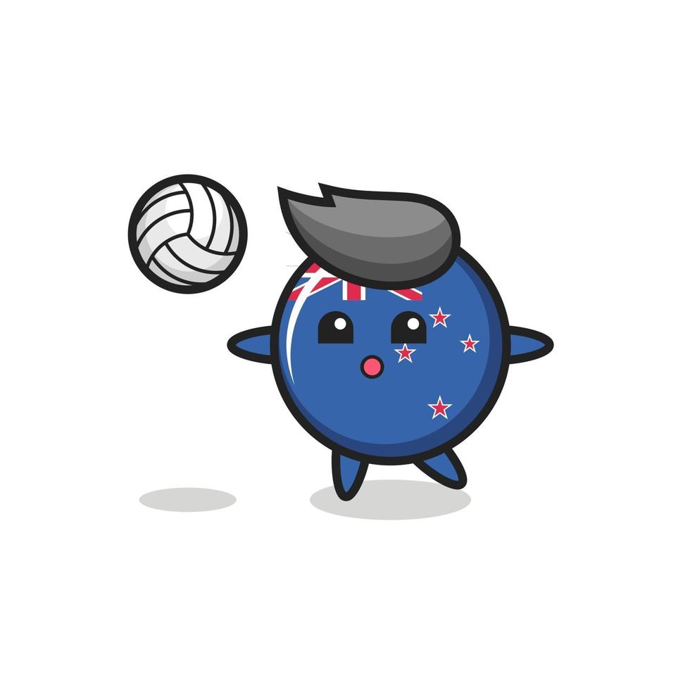 personaje de dibujos animados de la insignia de la bandera de nueva zelanda está jugando voleibol vector