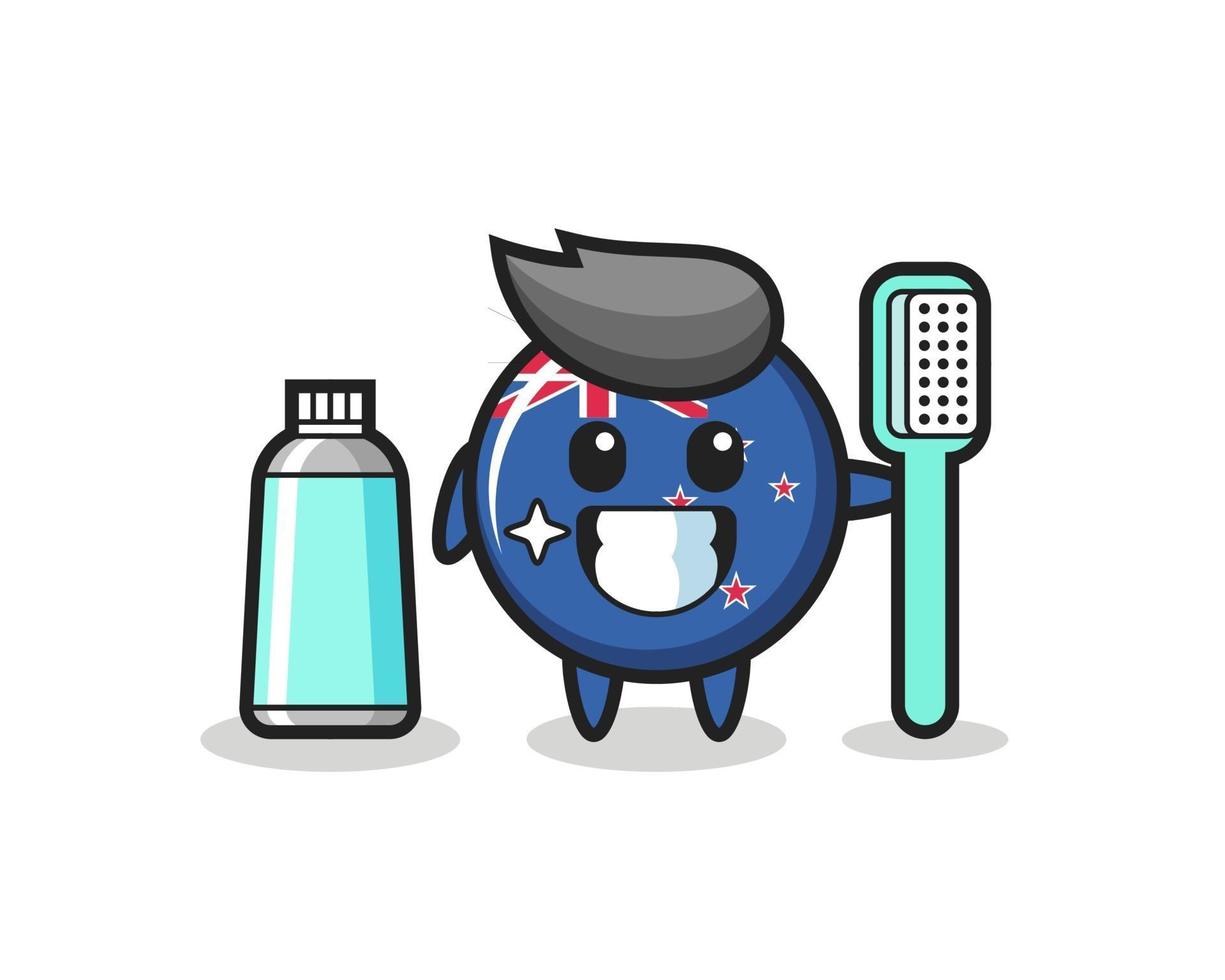 Ilustración de mascota de la insignia de la bandera de Nueva Zelanda con un cepillo de dientes vector