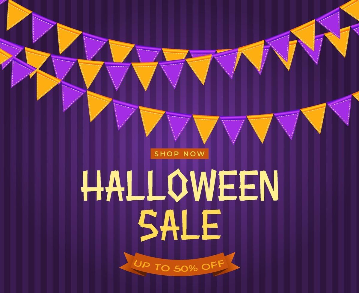 cartel de venta de halloween con banderas y guirnaldas sobre fondo morado. vector