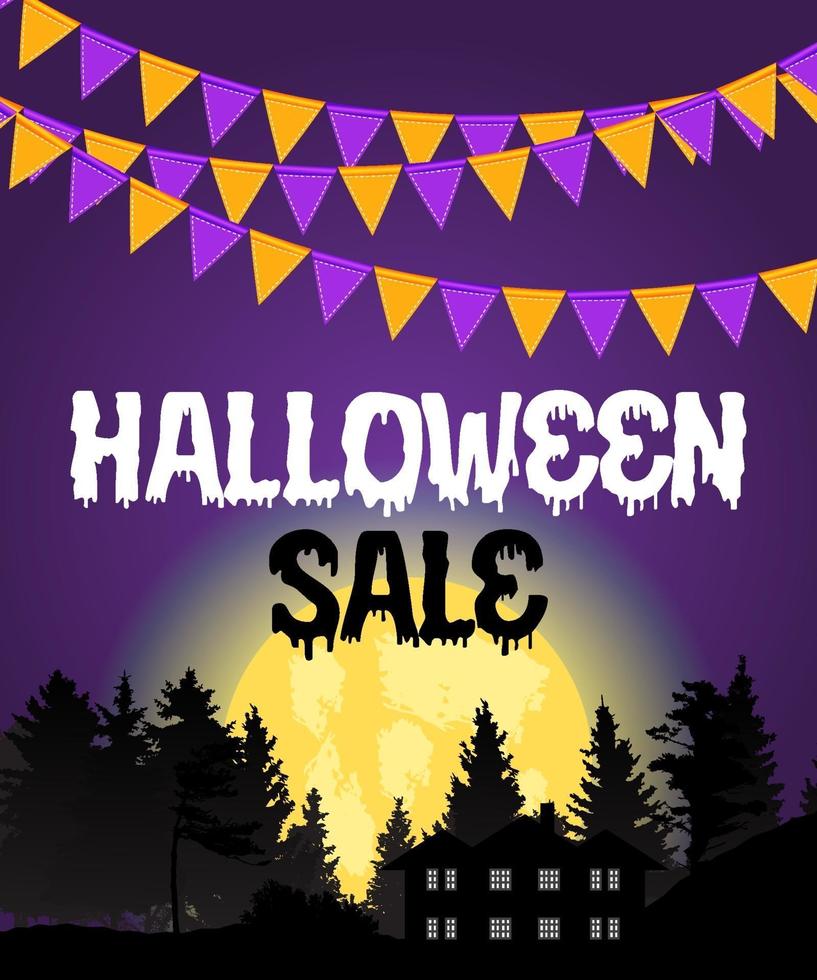 cartel de venta de halloween con banderas y guirnaldas sobre fondo morado. vector