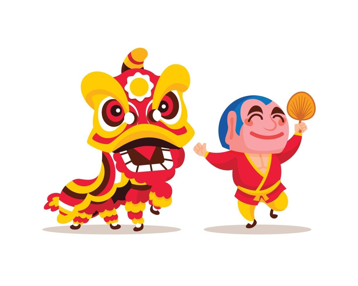 Flat design of lion dance with big head buddha performance vector